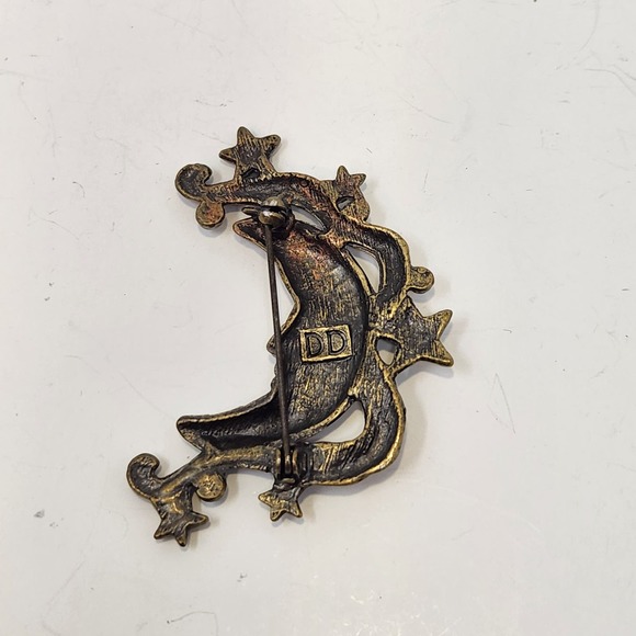 Patricia Darling Dash Brass Tone Crescent Moon Stars Brooch Pink AB Crystals - Picture 3 of 5